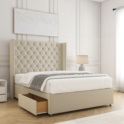 Bsspoke Winchester Divan Bed Set Cream Plush Velvet With 54Inch Headboard & 2 Drawers Footend & Mattress In All Sizes - image 1