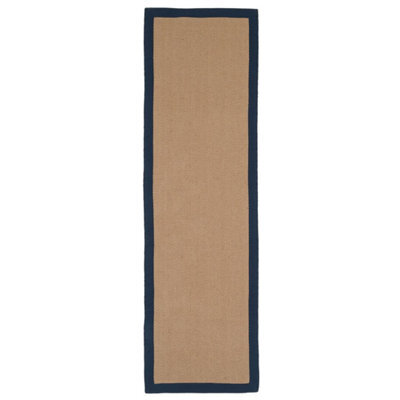 Loomed Beige Natural Jute Herringbone Pattern Non Slip Navy Border Rug 70Cm X 240Cm - image 1