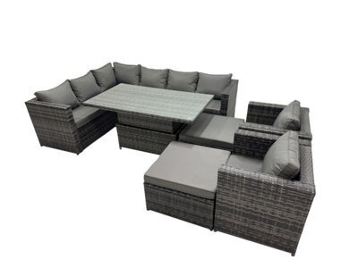 Fimous 10-Seater Height Adjustable Rising Lifting Table Corner Sofa Set Rattan Garden Furniture Set With 2 Big Stools Dark Grey - image 1