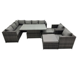 Fimous 10-Seater Height Adjustable Rising Lifting Table Corner Sofa Set Rattan Garden Furniture Set With 2 Big Stools Dark Grey - thumbnail 2