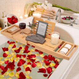 Temple Spring Bamboo Bath Tray - Extendable Home Spa Shelf With Wine Glass, Candle, Tablet And Phone Holder - Natural - thumbnail 7