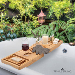 Temple Spring Bamboo Bath Tray - Extendable Home Spa Shelf With Wine Glass, Candle, Tablet And Phone Holder - Natural - thumbnail 6