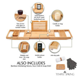 Temple Spring Bamboo Bath Tray - Extendable Home Spa Shelf With Wine Glass, Candle, Tablet And Phone Holder - Natural - thumbnail 3