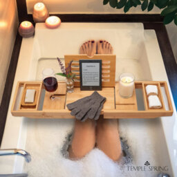 Temple Spring Bamboo Bath Tray - Extendable Home Spa Shelf With Wine Glass, Candle, Tablet And Phone Holder - Natural - thumbnail 2