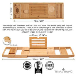 Temple Spring Bamboo Bath Tray - Extendable Home Spa Shelf With Wine Glass, Candle, Tablet And Phone Holder - Natural - thumbnail 4