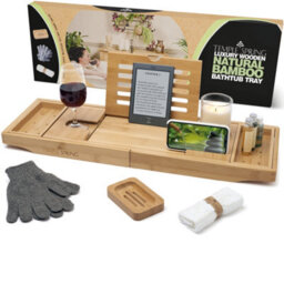 Temple Spring Bamboo Bath Tray - Extendable Home Spa Shelf With Wine Glass, Candle, Tablet And Phone Holder - Natural