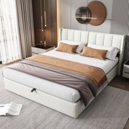 Btm Super King 6Ft Led Upholstered Bed With Hydraulic Lift Storage Usb Charging Adjustable Headboard White