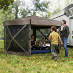 Outsunny 3 X 3(M) Hexagon Pop Up Gazebo With 5 Sides, Netting, Brown - thumbnail 1
