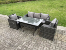 Fimous Rattan Garden Furniture Set 3 Seater Lounge Sofa Reclining Chair Outdoor Rectangular Dining Table 5 Seater - thumbnail 2