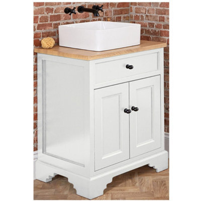Homestylestore 645mm Antique White And Oak Bathroom Vanity Unit With Square Countertop Basin And Black Round Handles - image 1