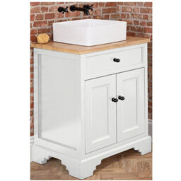 Homestylestore 645mm Antique White And Oak Bathroom Vanity Unit With Square Countertop Basin And Black Round Handles - thumbnail 1