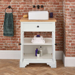 Homestylestore 645mm Antique White And Oak Bathroom Vanity Unit With Square Countertop Basin And Black Round Handles - thumbnail 4