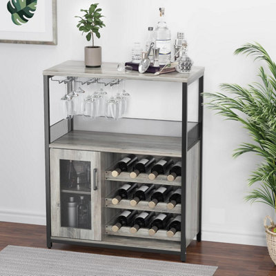 Wooden Wine Bar Cabinet With Wine Rack Stemware Holders And Mesh Door (H)92Cm X (W)70Cm X (D)35Cm, Grey - image 1