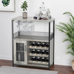 Wooden Wine Bar Cabinet With Wine Rack Stemware Holders And Mesh Door (H)92Cm X (W)70Cm X (D)35Cm, Grey