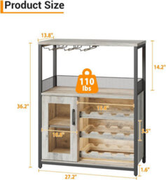 Wooden Wine Bar Cabinet With Wine Rack Stemware Holders And Mesh Door (H)92Cm X (W)70Cm X (D)35Cm, Grey - thumbnail 2