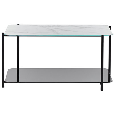 Beliani Modern Coffee Table, Marble-Effect Tempered Glass Top, Black Steel Base, 77 X 47 Cm - image 1