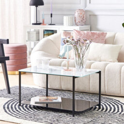 Beliani Modern Coffee Table, Marble-Effect Tempered Glass Top, Black Steel Base, 77 X 47 Cm - thumbnail 2