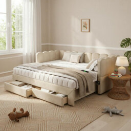 Matteo Beige Chenille Upholstered Daybed Sofa Bed With Pull-Out Guest Bed (90X190Cm To 180X190Cm), 2 Storage Drawers & Usb Ports - thumbnail 4