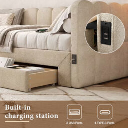 Matteo Beige Chenille Upholstered Daybed Sofa Bed With Pull-Out Guest Bed (90X190Cm To 180X190Cm), 2 Storage Drawers & Usb Ports - thumbnail 6