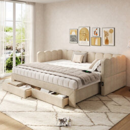 Matteo Beige Chenille Upholstered Daybed Sofa Bed With Pull-Out Guest Bed (90X190Cm To 180X190Cm), 2 Storage Drawers & Usb Ports - thumbnail 1