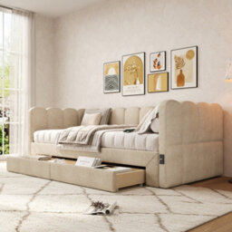 Matteo Beige Chenille Upholstered Daybed Sofa Bed With Pull-Out Guest Bed (90X190Cm To 180X190Cm), 2 Storage Drawers & Usb Ports - thumbnail 2