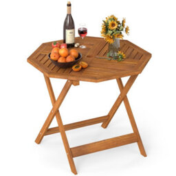 Costway Solid Wood Patio Dining Table 90Cm Outdoor Octagon Bistro Table With Umbrella Hole