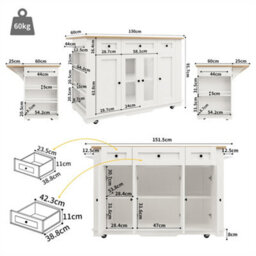 Abrihome Kitchen Island With Removable Partitions & Tempered Glass In White/black Wood Grain Finish - thumbnail 5