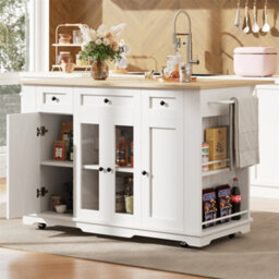 Abrihome Kitchen Island With Removable Partitions & Tempered Glass In White/black Wood Grain Finish - thumbnail 1