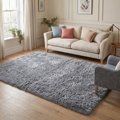 Oxford Homeware Shaggy Rug Anti-Slip Washable Soft Fluffy Living Room And Bedroom Rug (Grey, 120X170Cm) - image 1