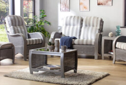 Desser Turin Grey Rattan 2 Seater Sofa & 2 Armchairs Indoor Real Cane Wicker Conservatory Suite W/ Uk Sewn Duke Grey Stripe Fabric