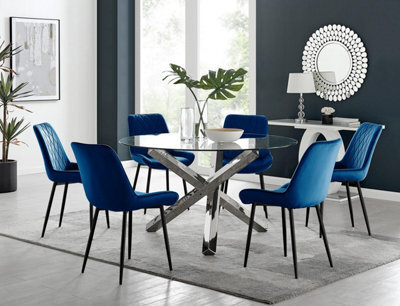 Furniturebox Uk Vogue Round Dining Table And 6 Navy Pesaro Black Leg Chairs - image 1