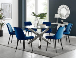 Furniturebox Uk Vogue Round Dining Table And 6 Navy Pesaro Black Leg Chairs