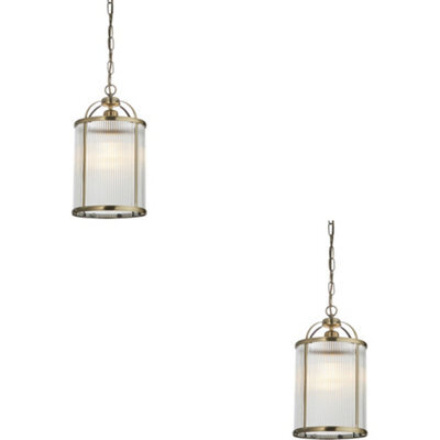 Loops 2 Pack Hanging Ceiling Pendant Light - Antique Brass Plate & Clear Ribbed Glass - 10W Led E27 - image 1