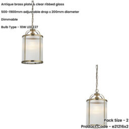 Loops 2 Pack Hanging Ceiling Pendant Light - Antique Brass Plate & Clear Ribbed Glass - 10W Led E27 - thumbnail 2