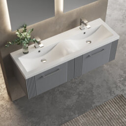Balterley Belvide Partial Fluted 2 Drawer Wall Hung Vanity Unit With Double Ceramic Basin - 1200mm - Satin Grey - thumbnail 3