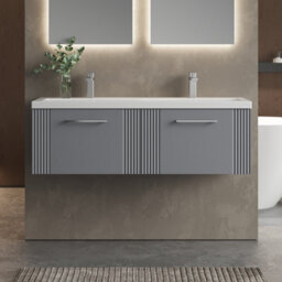 Balterley Belvide Partial Fluted 2 Drawer Wall Hung Vanity Unit With Double Ceramic Basin - 1200mm - Satin Grey - thumbnail 2