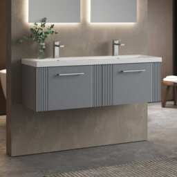 Balterley Belvide Partial Fluted 2 Drawer Wall Hung Vanity Unit With Double Ceramic Basin - 1200mm - Satin Grey - thumbnail 4