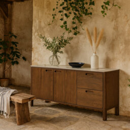 Wyld Haus Cork Oak Veneer Sideboard With Cream Ceramic Top 2 Doors 2 Drawers - thumbnail 2