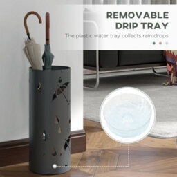 Homcom Metal Umbrella Stand, Hollowed Umbrella Basket With 4 Hooks And Drip Tray - thumbnail 5