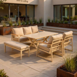 Garden Gear Seville 7 Seater Luxury Aluminium Sofa Set Outdoor Garden Furniture Dining Lounge Set 5 Piece Cream Cushions