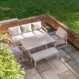 Garden Gear Seville 7 Seater Luxury Aluminium Sofa Set Outdoor Garden Furniture Dining Lounge Set 5 Piece Cream Cushions - thumbnail 3