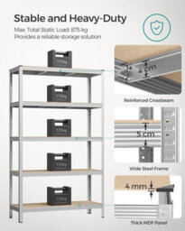 Songmics 5-Level Shelving Rack, Storage Organising Shelf, Boltless Assembly, Garage Organizer, Heavy Duty, Silver - thumbnail 3
