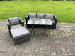 Fimous Rattan Outdoor Furniture Garden Dining Set With Oblong Dining Table Armchair Big Footstool Dark Grey Mixed - thumbnail 2