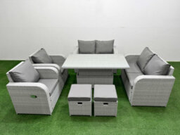 Fimous 8 Seater Outdoor Reclining Chair Love Sofa Set Rattan Garden Furniture Set Adjustable Lifting Table 2 Stools Light Grey - thumbnail 1