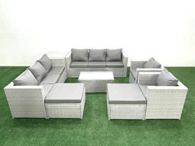Fimous Outdoor Rattan Sofa Garden Furniture Set 2 Armchairs Oblong Coffee Table 2 Big Stools Side Table Light Grey - image 1