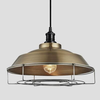 Industville Brooklyn Step Pendant, 16 Inch, Brass, Black Holder, Cage
