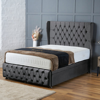 Bsspoke Ottoman Divan Bed Steel Plush Velvet With 25Cm Good Quality Mattress & 138Cm Headboard End Lift Up Storage In All Sizes - image 1