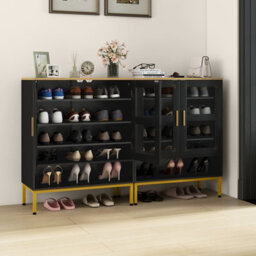 Costway 5-Tier Shoe Cabinet With Mesh Doors Wooden Modern Shoe Storage Organizer-Black - thumbnail 3