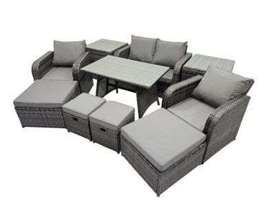 Fimous 8 Seater Garden Outdoor Rattan Furniture Set Rattan Sofa Oblong Dining Table With 2 Big Stools 2 Side Table Dark Grey - image 1