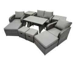 Fimous 8 Seater Garden Outdoor Rattan Furniture Set Rattan Sofa Oblong Dining Table With 2 Big Stools 2 Side Table Dark Grey - thumbnail 1